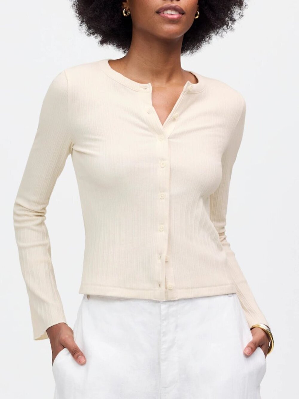 Madewell Crewneck Ribbed Flared Long Sleeve Cardigan Cream Size M NWT